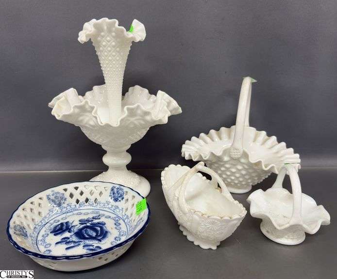 Milk Glass Ruffle Baskets, Single Horn Epergne Tallest 10.5" image