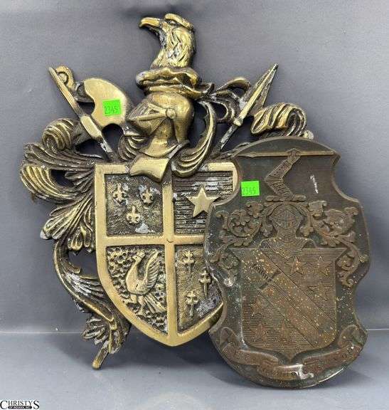 2 Brass Crest Wall Plaques - 13" x 15" of largest image