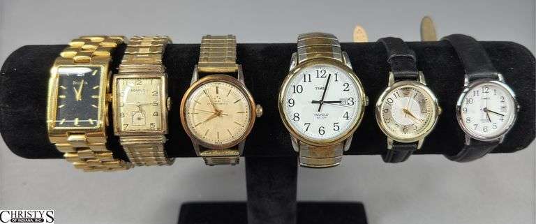 6 Wrist Watches- Bulova, Benrus, Eterna-matic, 2 Timex Indiglo and an Unmarked Watch with a Black Band image