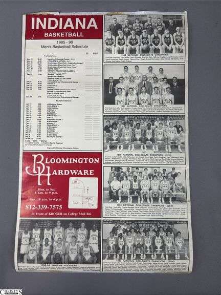 Miniature IU Basketball Autographed and 2016-2017 IU Posters. Autographs include George McGinnin, Steve Alford, Jim Crews, Damon Bailey and Others.  The large poster has a ripe.  See Photo