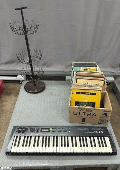 3 Boxes Various Genre Records, Kawai Keyboard, Shoe Rack - SKID NOT INCLUDED image