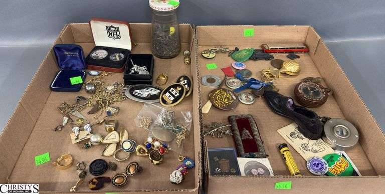 Costume Earrings, Necklaces, Wedgwood Necklace, Hand Held Counter, Harmonical, TransAM Belt Buckle, Pins / Buttons image