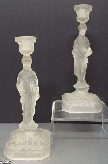 2 Figural Frosted Glass Candlesticks - 10.5" of each image