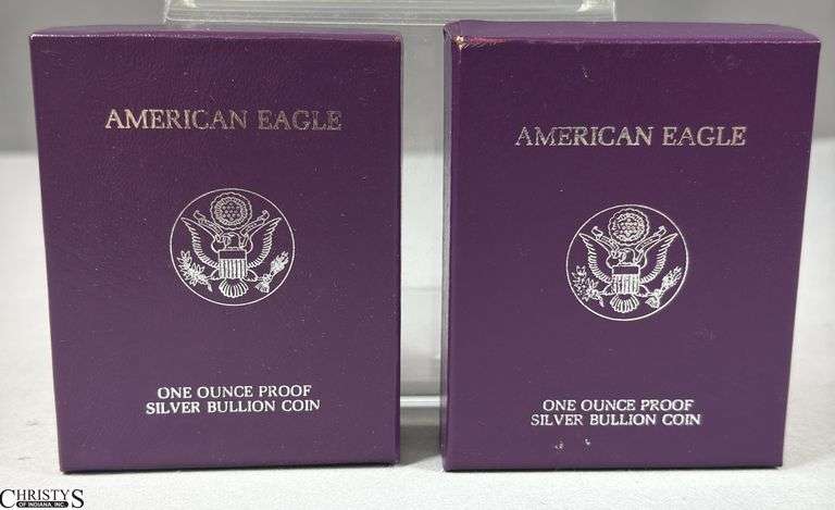 Two 1987 American Eagle Once Ounce Proof Silver Bullion Coins in Velvet Display and Box with COA. image