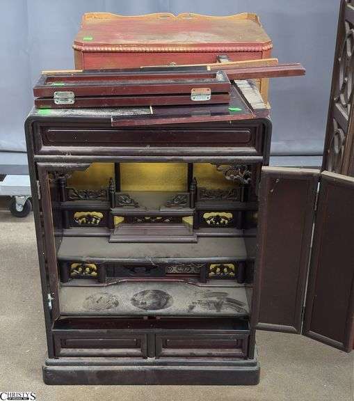 Small Asian Influence Cabinet (Needs Repair) and 2 Drawer Side Table - 18" x 12" x 27" of largest image