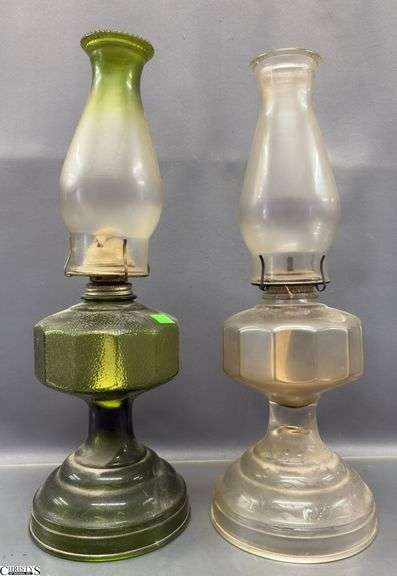 2 Oil Lamps, Green and Clear Glass, 18.5" image