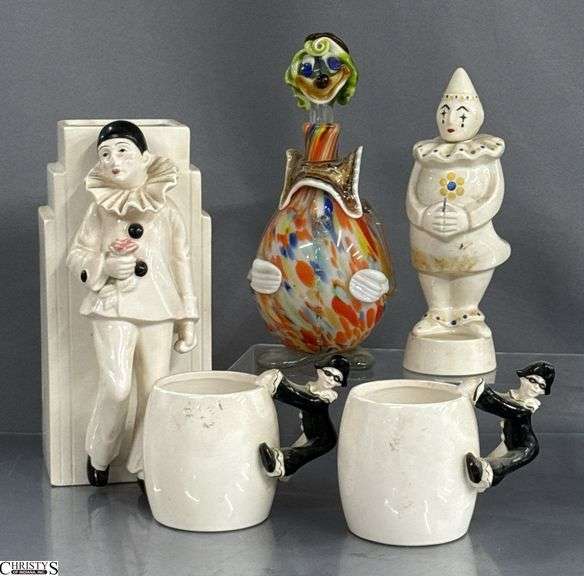 Vintage Black & White Pierrot Clown/Mime Mugs, Sigma Taste Setter Art Deco Vase, Art Glass Clown Decanter, Vandor Imports Clown Bottle image