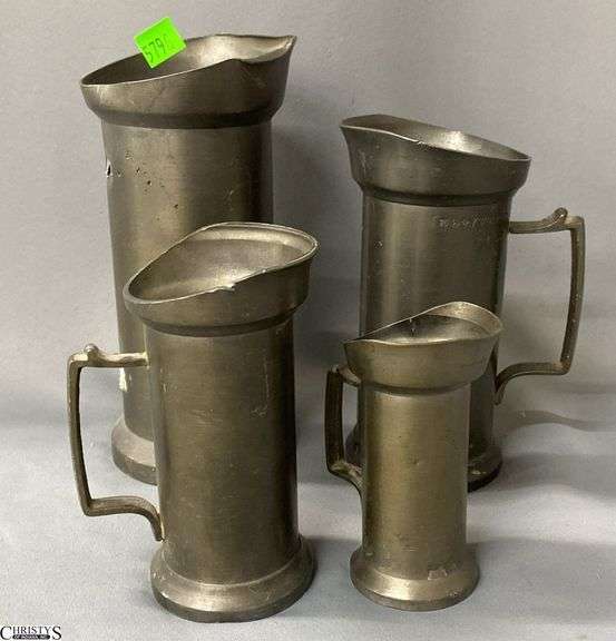 4 Pewter Measuring Tankards, One Handle Damaged image