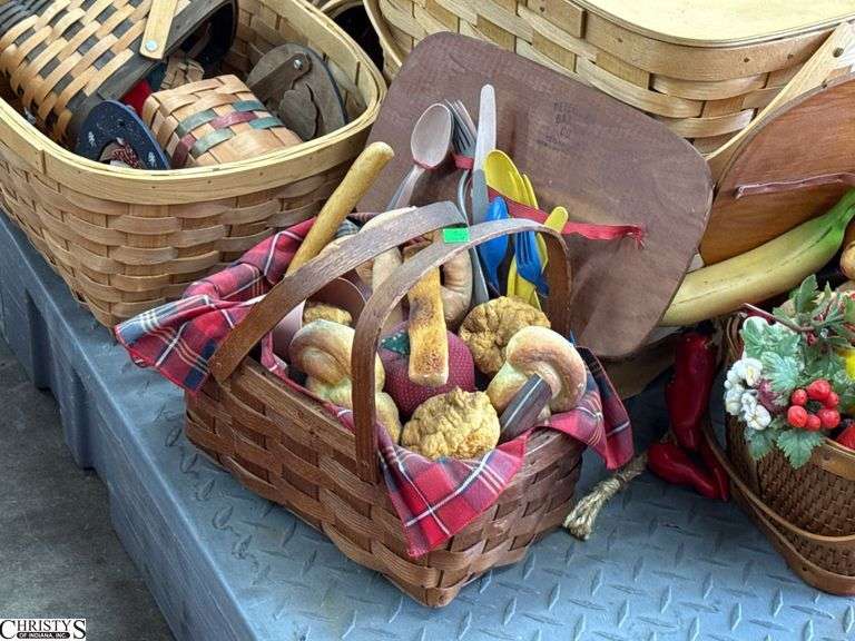 SKID with Baskets, and Faux Fruit, Breads, Wooden Doll Tallest 27", SKID is Not Included