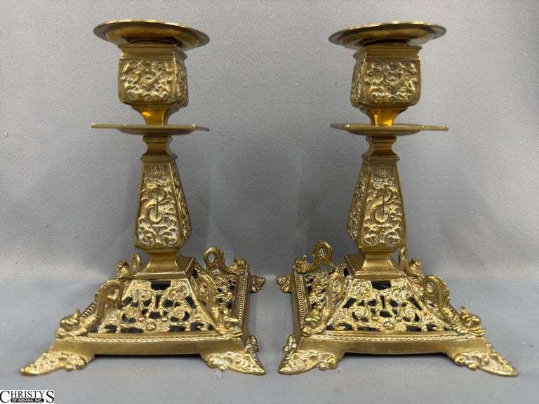 Pair of Brass Candle Sticks 5" Base 7.25" Tall image