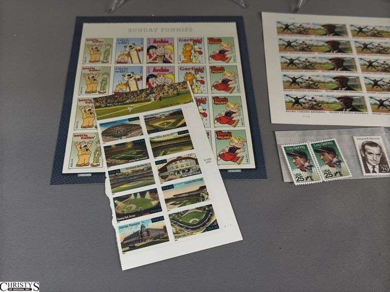 Collectible Stamps.  Includes Major League Baseball All-Stars, Negro Leagues Baseball, Indianapolis 500 Legends of Baseball, Sunday Funnies, Baseballs Legendary Playing Field, Knute Rockne 22 Cent Stamp, Lou Gehrig Cent Stamp and a Few Others