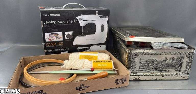 Small Sewing Machine, Hoops, Tin With Sewing Notions image