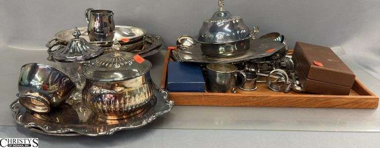 Assorted Silverplate Flatware, Napkin Rings, Cream and Sugar, Small Trays, Misc - 12" of largest image