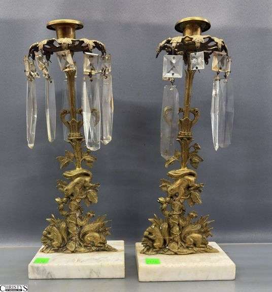 Pair Antique Gilt Brass Squirrel Motif Girandoles - 14" of each, missing some prisms image