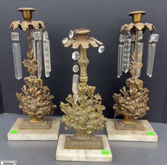 3 Antique Gilt Brass Floral Motif Girandoles - 15" of tallest, missing some prisms image