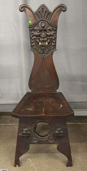 Arts & Crafts Carved Face Motif High Back Chair - 47" T - 18" seat - appears to have early repair to back image