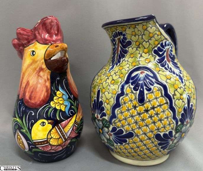 Ceramic Pitchers, Rooster Has Slight Chip On Crown, Hand Painted Marked Mexico Tallest 9" image