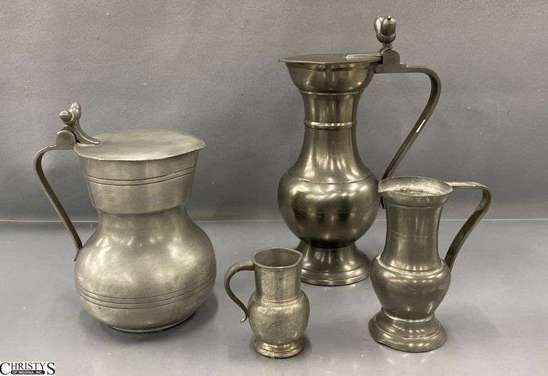 4pcs Pewter Flagons, Pitchers, Tallest 9" image