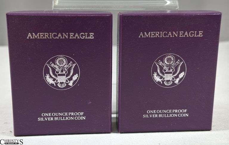 Two 1990 American Eagle Once Ounce Proof Silver Bullion Coins in Velvet Display and Box with COA. image