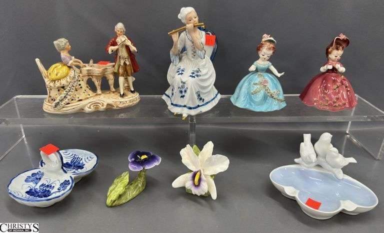 Made In Western Germany Marked Ashtray, Bone China Flowers, Trinket Dish, Victorian Porcelain Violin, Piano and Flute Figures, Marked Japan *one Missing Finger image