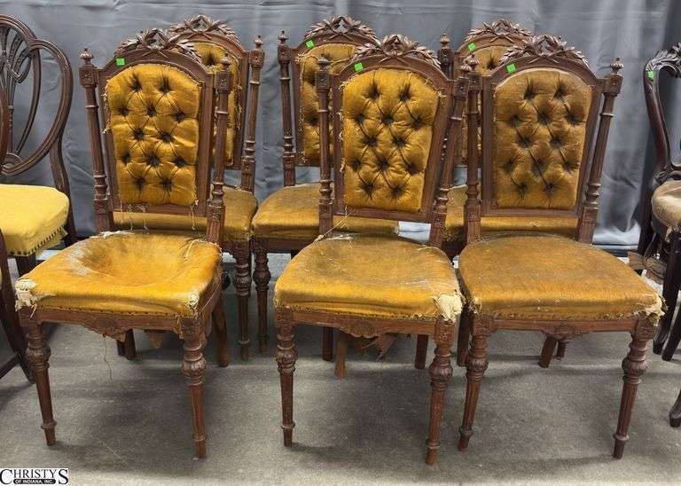 6 Carved Empire Style Dining Chairs - 40" T - 18" seat of each - heavy wear/damage to upholstery image