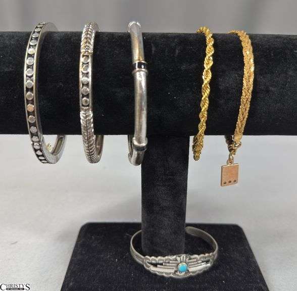 6 Bracelets- 1 Marked Sterling  (child's size), 1 with a Boehringer Mannheim 10K Charm (charm only marked 10K) image
