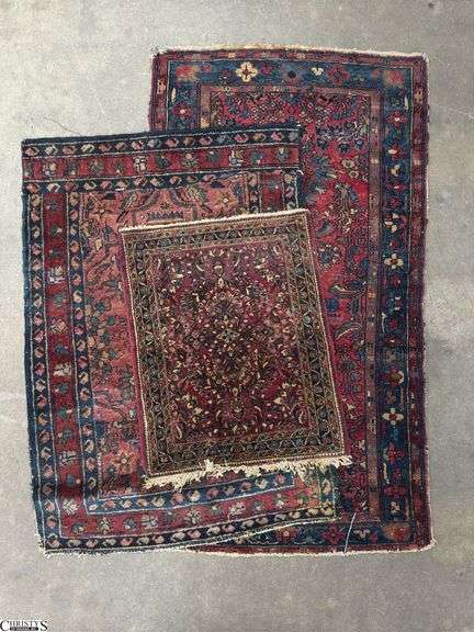 3 Vintage Middle Eastern Rugs - 33" x 57" of largest - Shows wear/staining/threadbare image