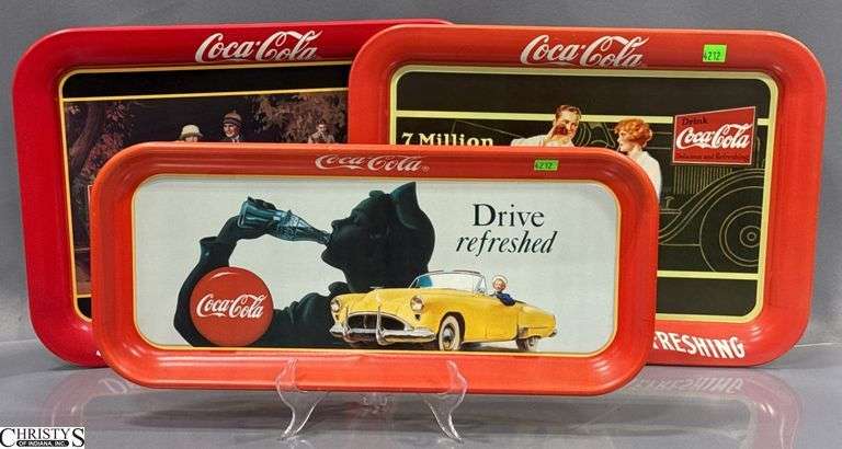 3 Coca Cola Metal Reproduction Advertising Trays - 17.5" x 12.5" of largest image