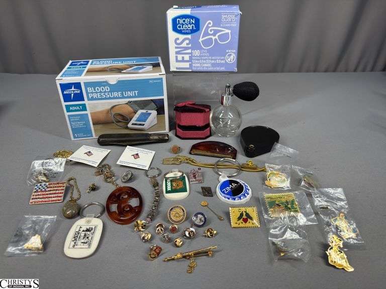 Pins and Miscellaneous.   Includes Approx. 12 Masonic Pins, Key Chains, Glass Perfume Bottle, 4 1/2" Single Blade Barlow Pocket Knife, Blood Pressure Unit in Box and More. image