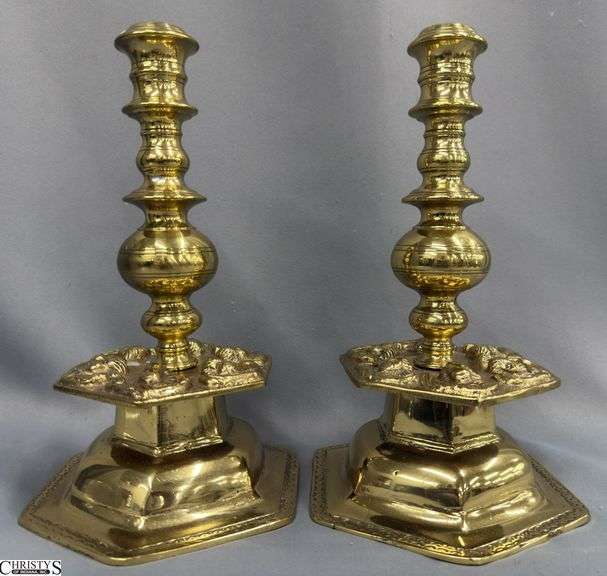 Pair of Brass Baroque Style Hexagonal Base Candle Holders Heavy, 6.25" Base 11" Tall image