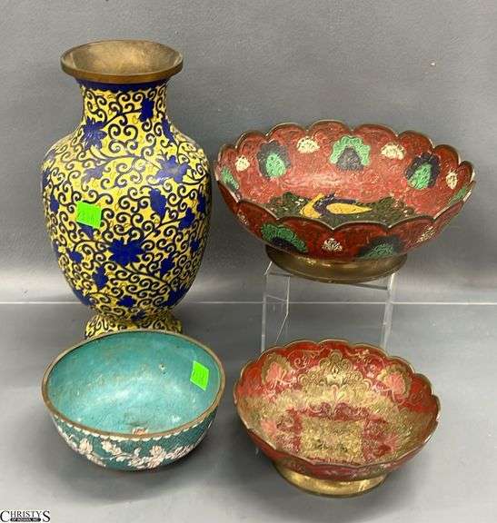 Cloisonne Vase and Bowl, 2 Enameled Brass Bowls - 10" of vase image