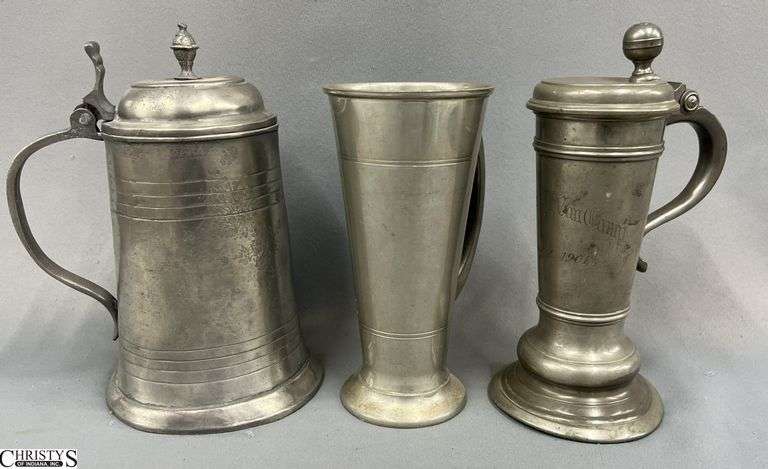 3 Pewter Tankards, 2 Lidded Tallest 8.5" image