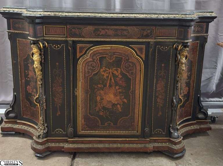 American Victorian Renaissance Revival Ebonized Wood Marquetry Cabinet - 65" x 19" x 43" - appears to have some broken/missing trim, surface wear image
