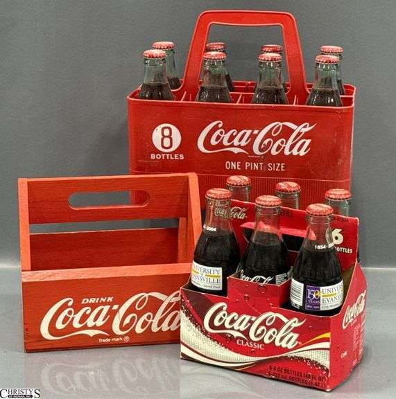 3 Coca Cola Bottle Holders/Cases and Coca Cola Glass Bottles - 11" x 9" of largest holder image