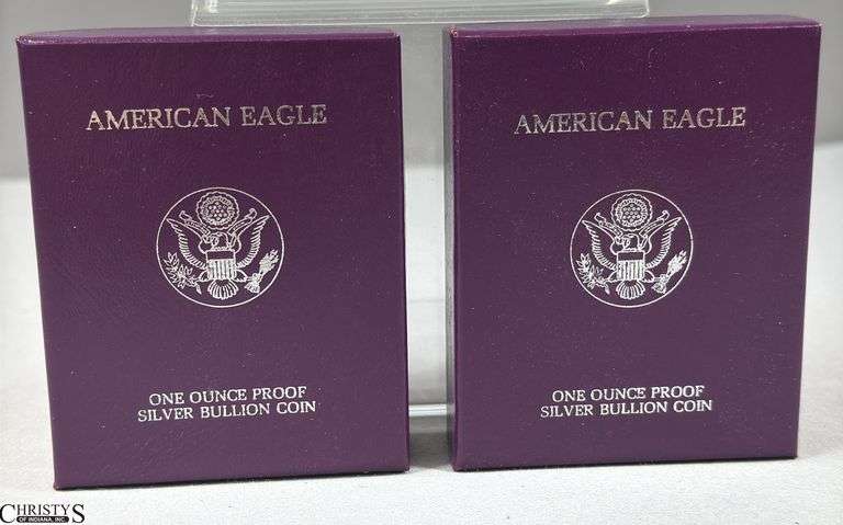 Two 1986 American Eagle Once Ounce Proof Silver Bullion Coins in Velvet Display and Box with COA. image