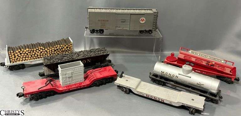 7 Unboxed Train Cars, Lionel Micro Racer Hauler, Monon Boxcars, Tankers, Coal and Lumber Load image