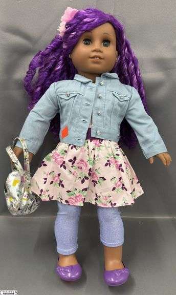 American Girl Doll, Curly Bright Purple Hair, Pink Floral Dress, Purple Flats image