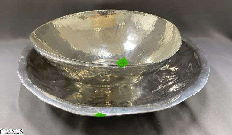 2 Large Pewter Bowls, One Has Signature, Ron Kusins 06, Largest 20" Across image