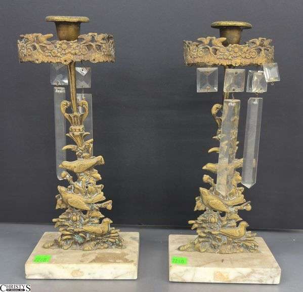 Pair Antique Gilt Brass Bird Motif Girandoles - 13" of each - missing some prisms image