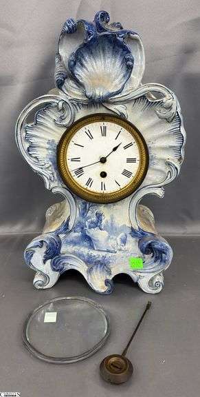 Blue and White Pastoral Scene Porcelain Mantle Clock - 9" x 16" - glass is loose, back frame is unattached image