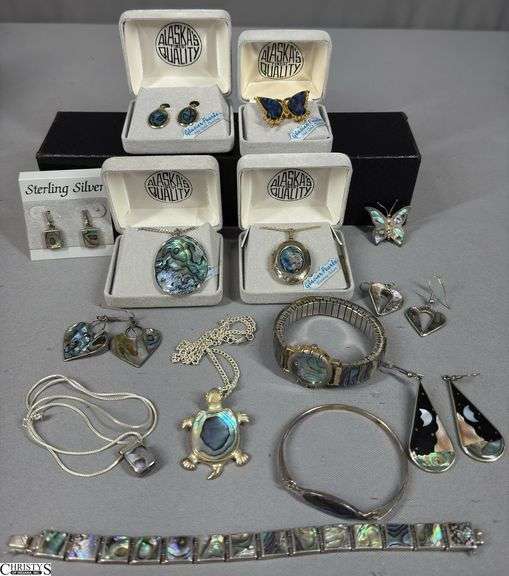 Abalone Style Jewelry.  4 Pieces in Glacier Pearle Boxes.  Includes 4 Necklace, 5 Pairs of Earrings, 2 Bracelets, 2 Pins and a Wrist Watch image