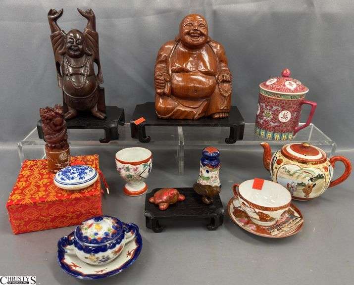 Asian Influence Cups and Saucers, Buddhas, Risers, Tea Pot, Lidded Mug, Shaker image