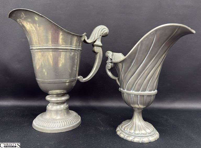 2 Footed Pewter Pitchers, One Stamped Made in France Tallest 9.25" image
