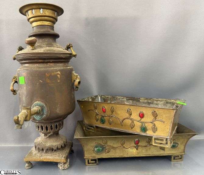 Asian Influence Stone Accent Brass Planters, Samovar Base - 16" of samovar image