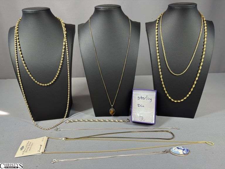 9 Sterling Silver Chains/Necklaces. a Sterling Bracelet and a Sterling Heart Shaped Pendant with a Small Diamond image
