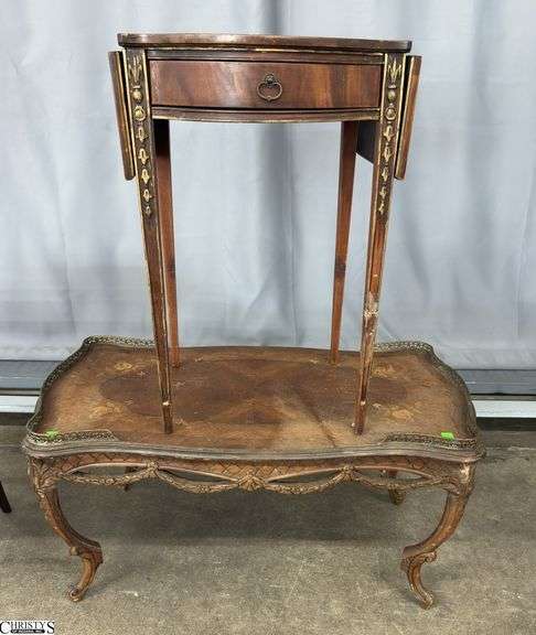 French Style Marquetry Coffee Table - 36" x 19" x 17" - appears to be missing lower bracket/brace and Imperial Mahogany Single Drawer Drop Leaf Side Table - 17" x 19" x 26 - 7" of drop - damage to leg image