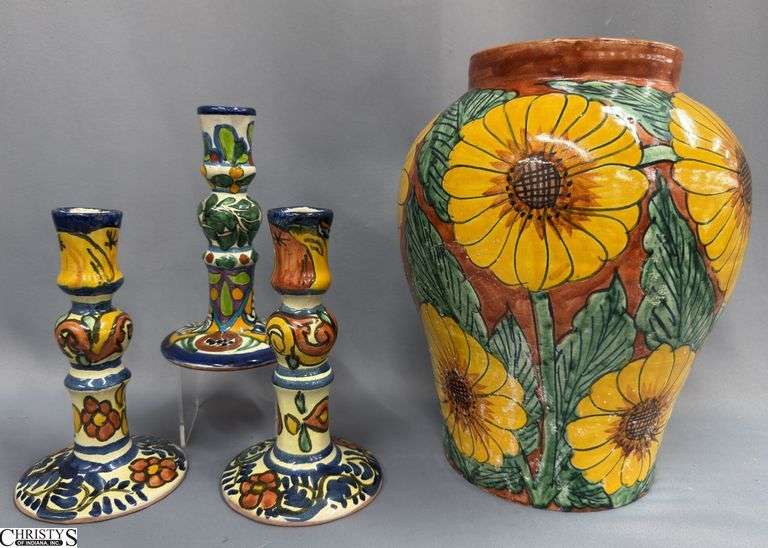 3 Terracotta Candle Holders and Sunflower Vase 12" image