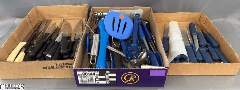 Navy and Blue Handled Kitchen and Prep Knives and Cooking Utensils image