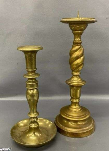 2 Brass Single Candle Holders, One Pricket Style Both Are Heavy Tallest 13" image