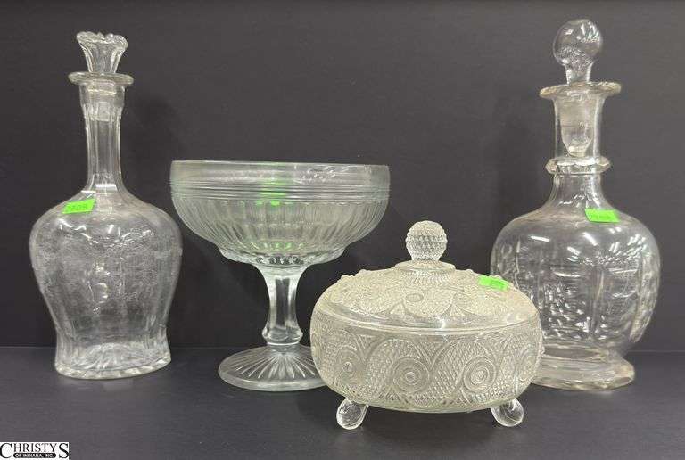 2 Glass Decanters, Pedestal Dish, Lidded Dish - 10" of tallest image